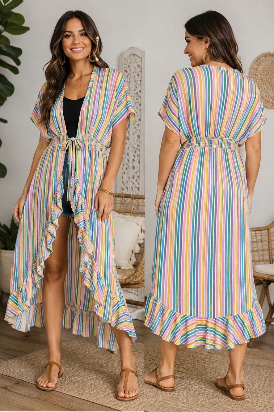 America & Beyond Pastel Rainbow Striped Kimono Cover-Up | Size Large | NWT